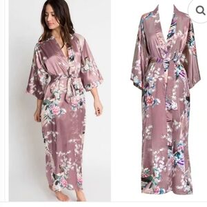 Kim + Ono Satin Peacock Cherry Blossom Rose Mauve Long Dressing Robe Kimono